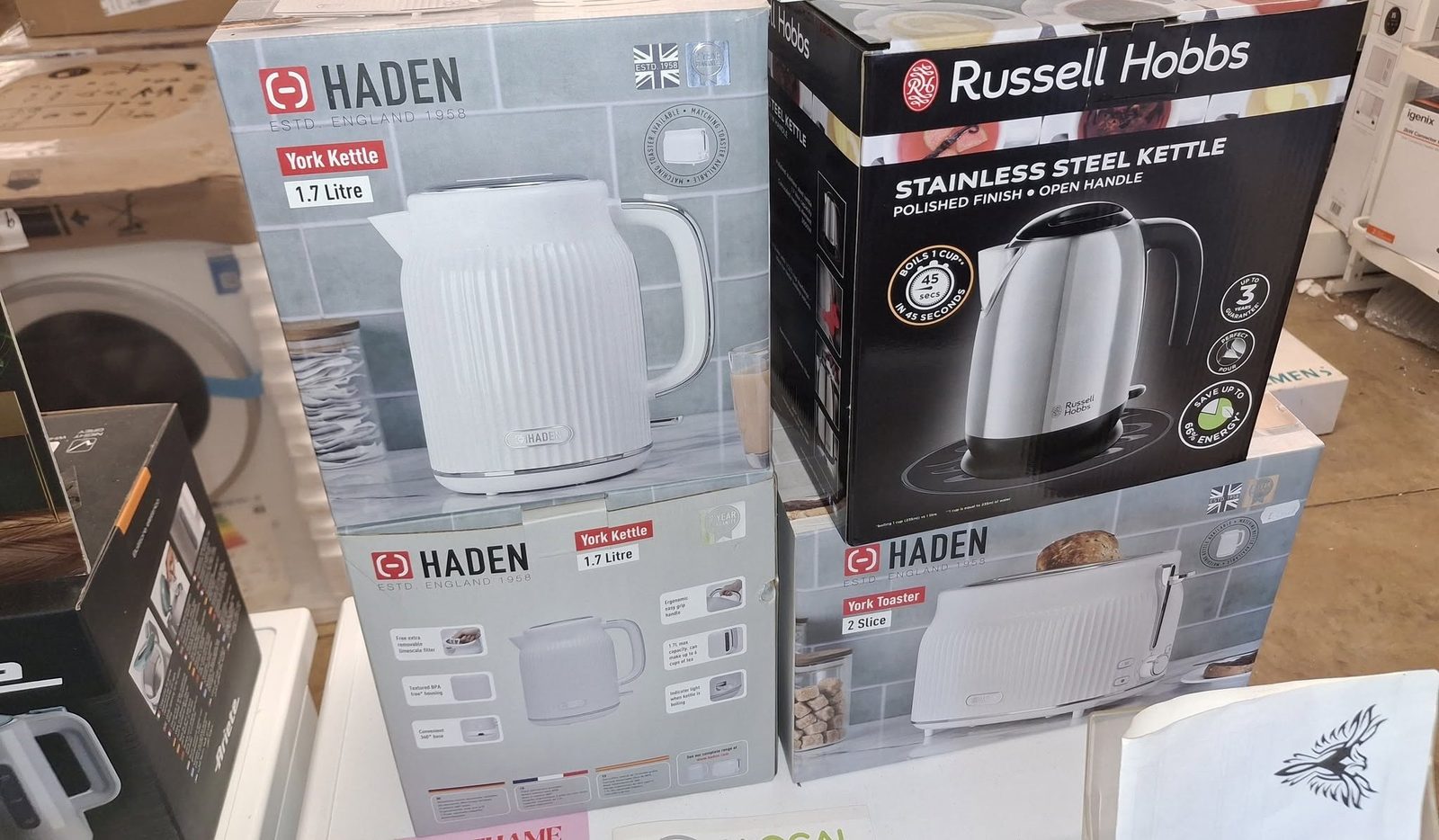 Haden and Russell Hobbs kettles and a toaster on display